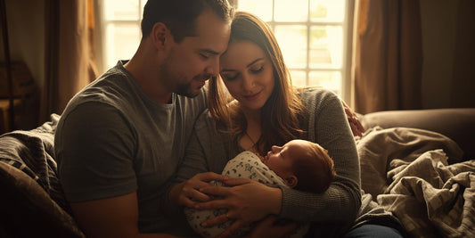 new parents at home with newborn, cosy natural light