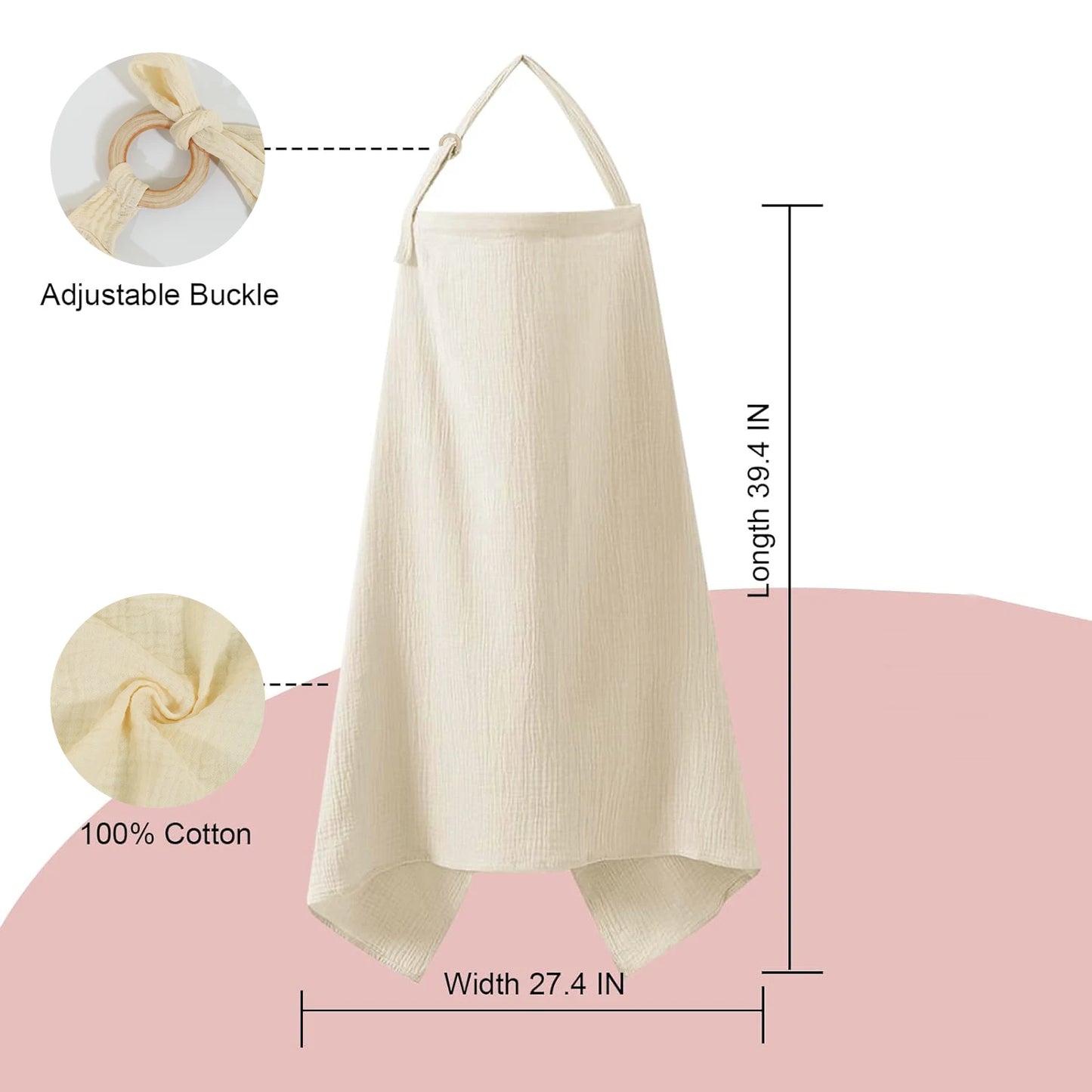 Beige apron with measurements and material details on a pink background