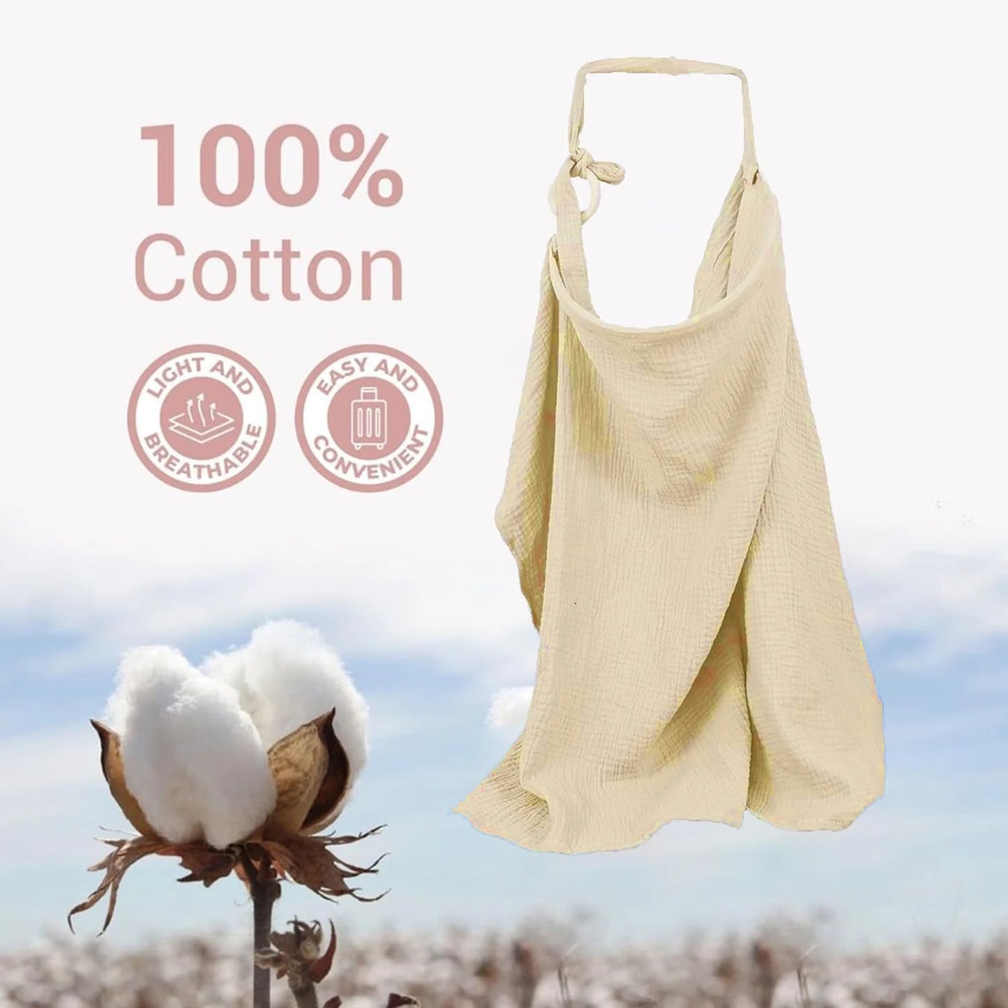 Beige baby dress on a mannequin with cotton plant and '100% Cotton' text on a blurred cotton field background.