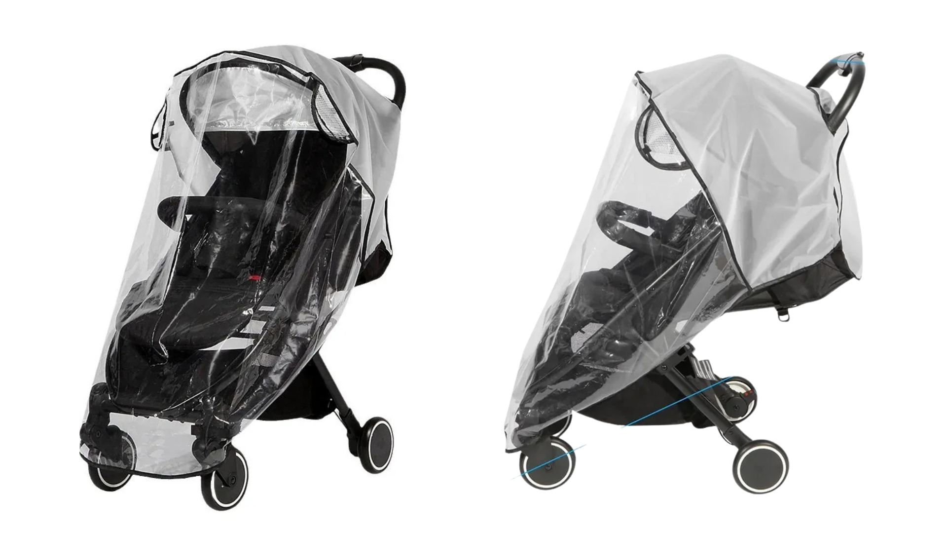 Two strollers with clear rain covers on a white background
