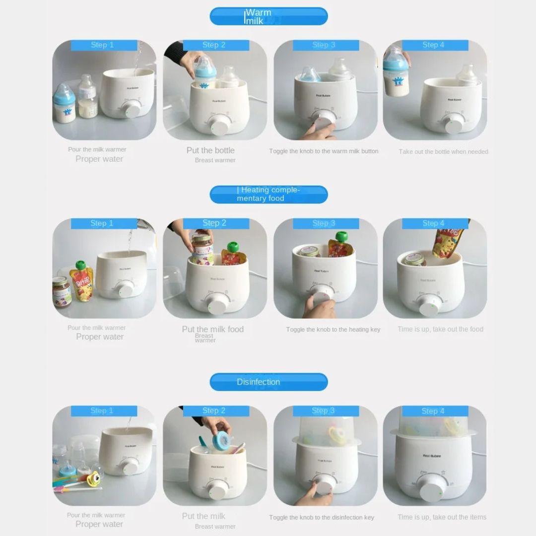 Step-by-step guide on using a baby bottle warmer with various items.