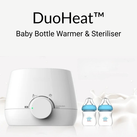 DuoHeat baby bottle warmer and sterilizer with two bottles on a white background