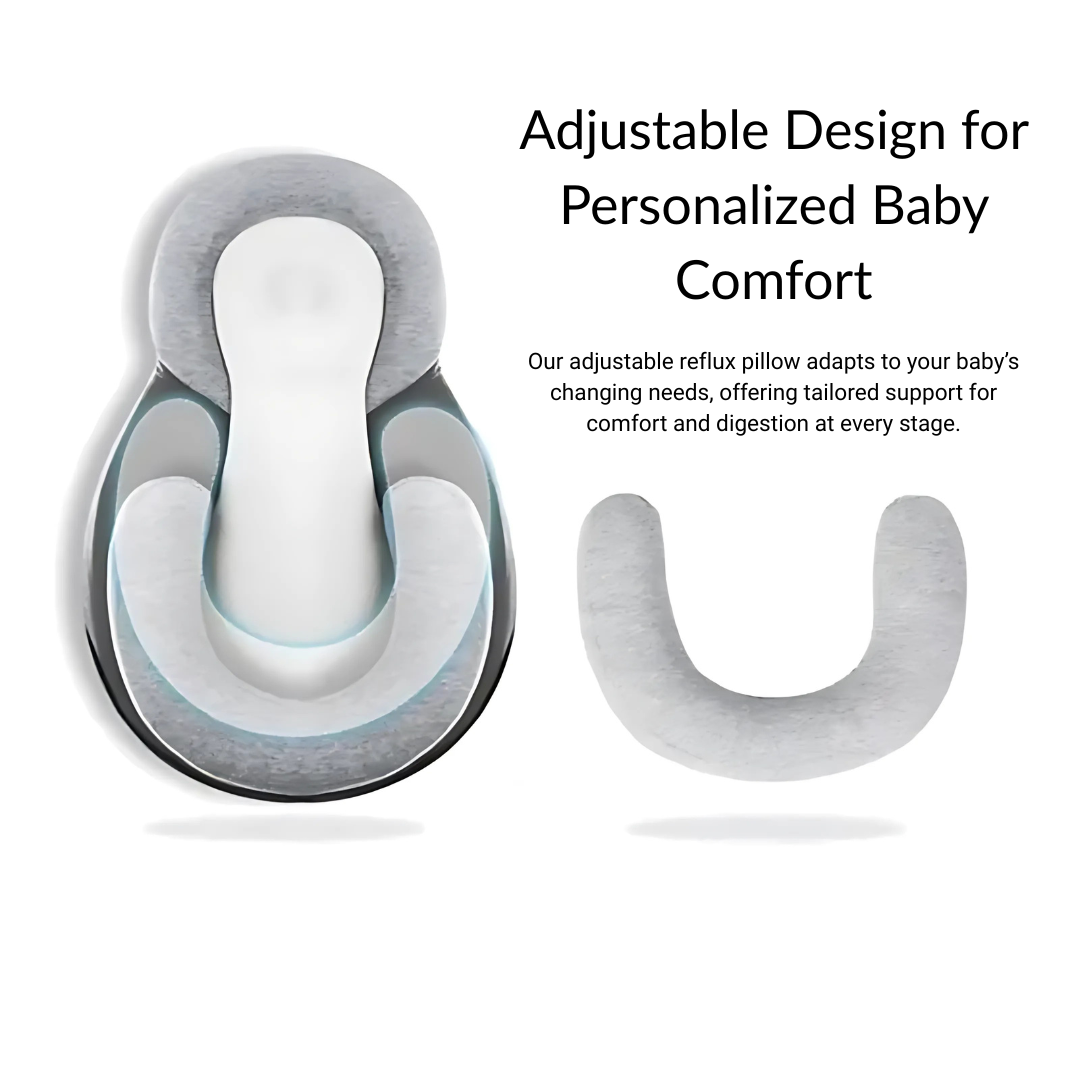 Adjustable reflux pillow with text highlighting personalized baby comfort