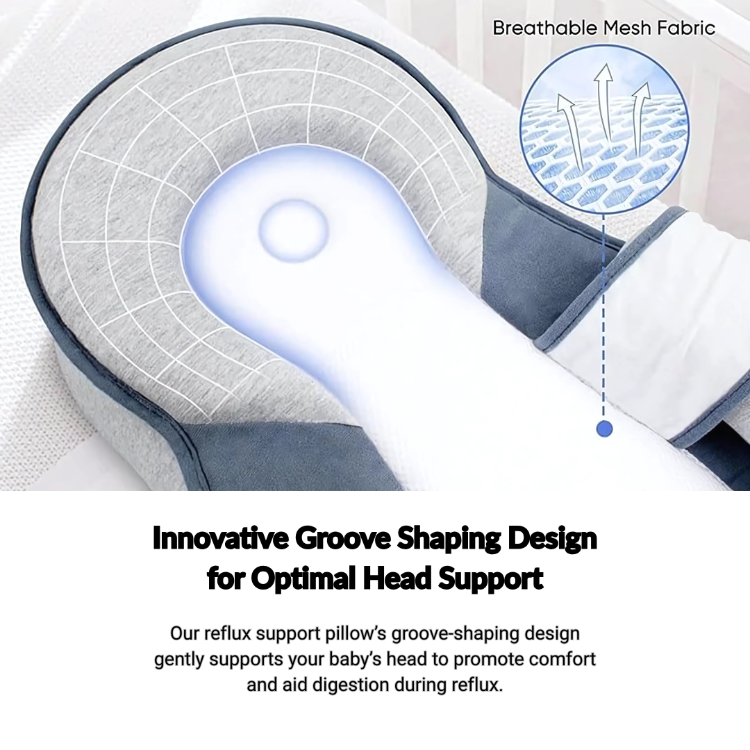 Baby reflux support pillow with breathable mesh fabric and groove shaping design on a white background.