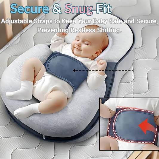 Baby lying on a reflux support pillow with adjustable straps, emphasizing safety and comfort.