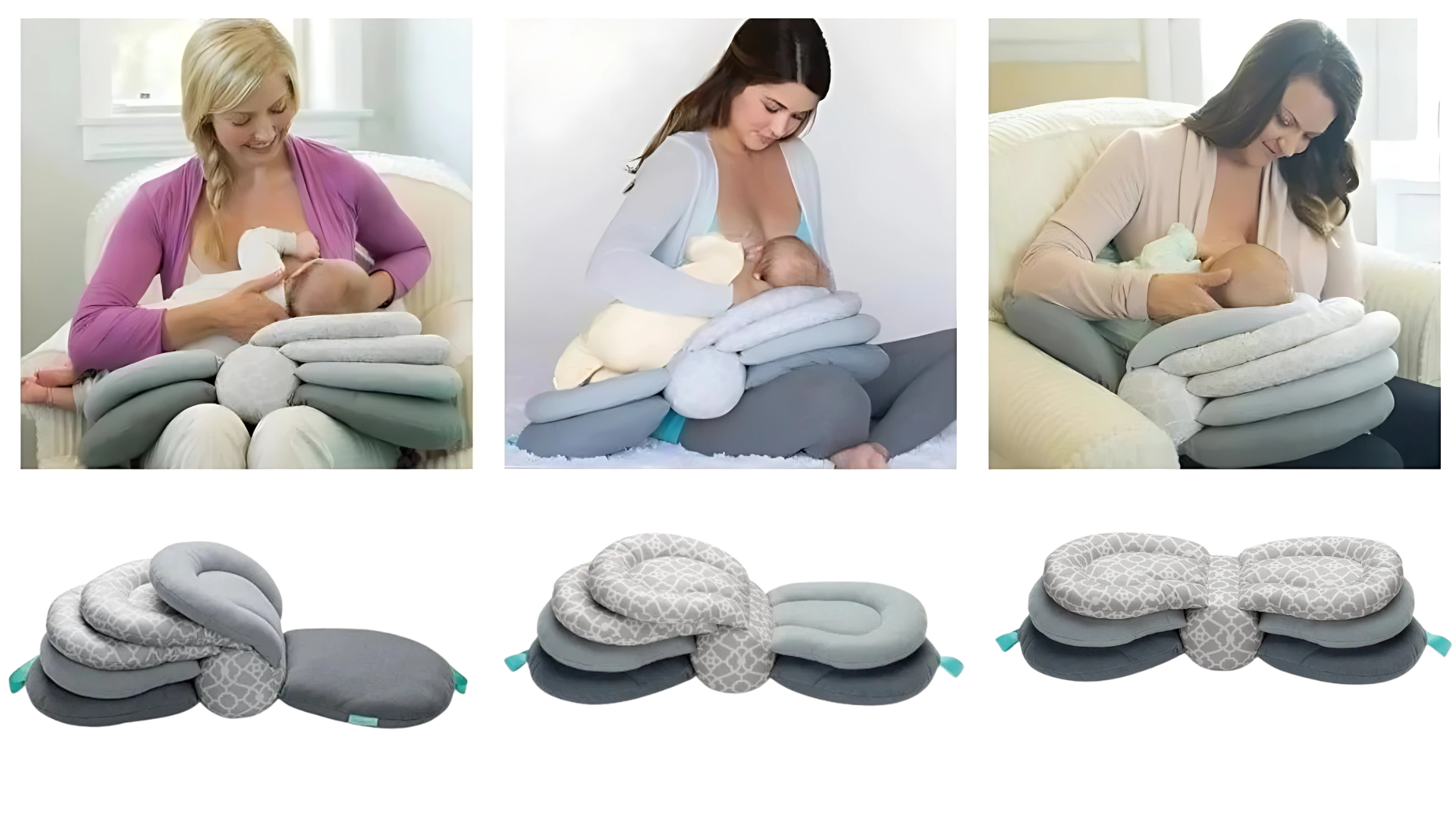 A collage of a woman using a breastfeeding pillow in different positions.