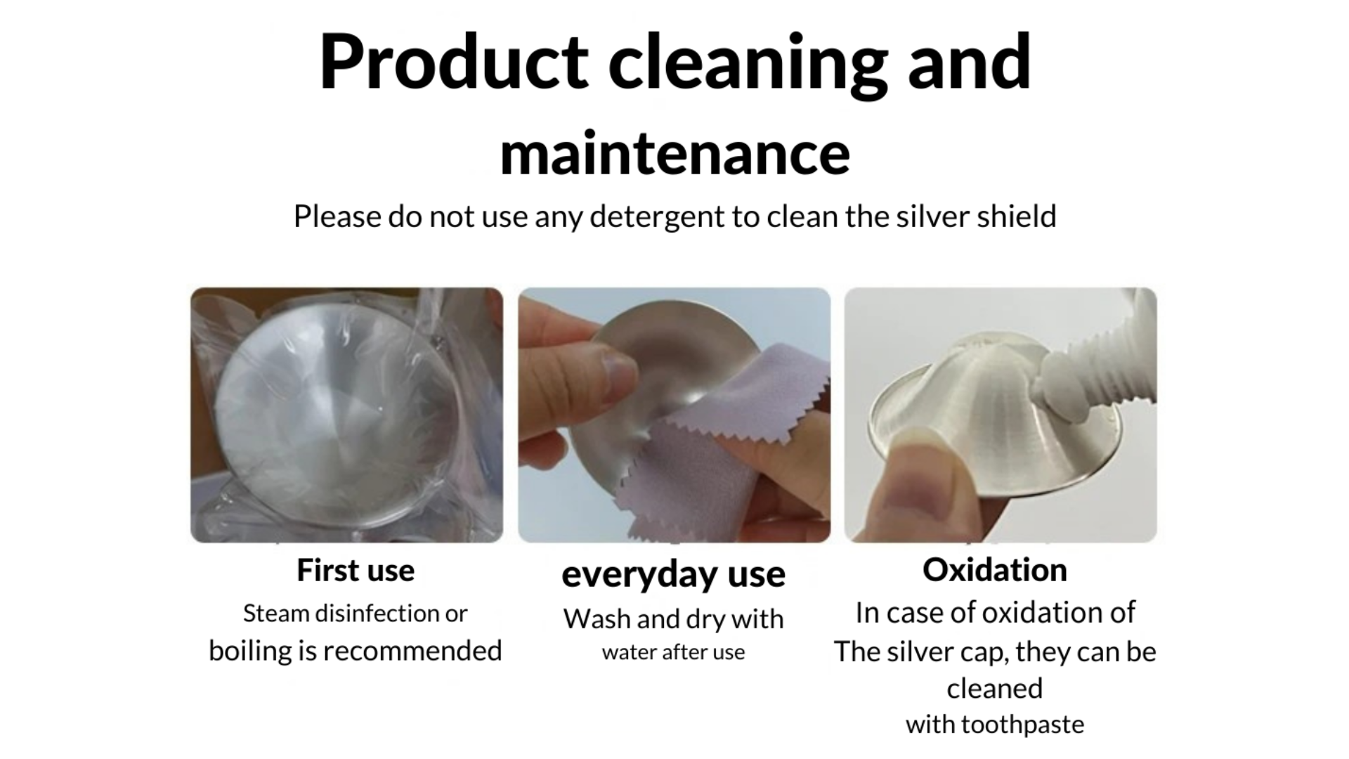 Instructions for product cleaning and maintenance with images and text on a white background.