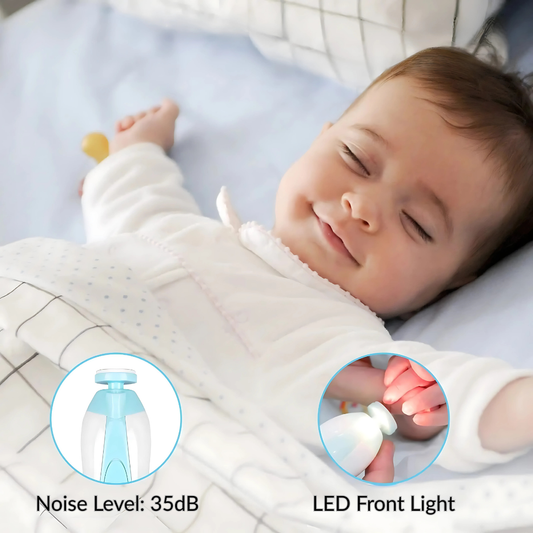 Baby sleeping peacefully with a white swaddle, showing noise level and LED light features.