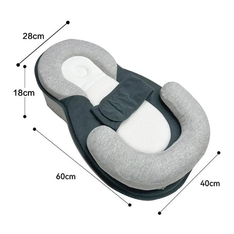 Gray and white neck pillow with measurements on a white background