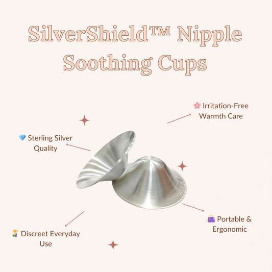 SilverShield Nipple Soothing Cups with features listed on a light background