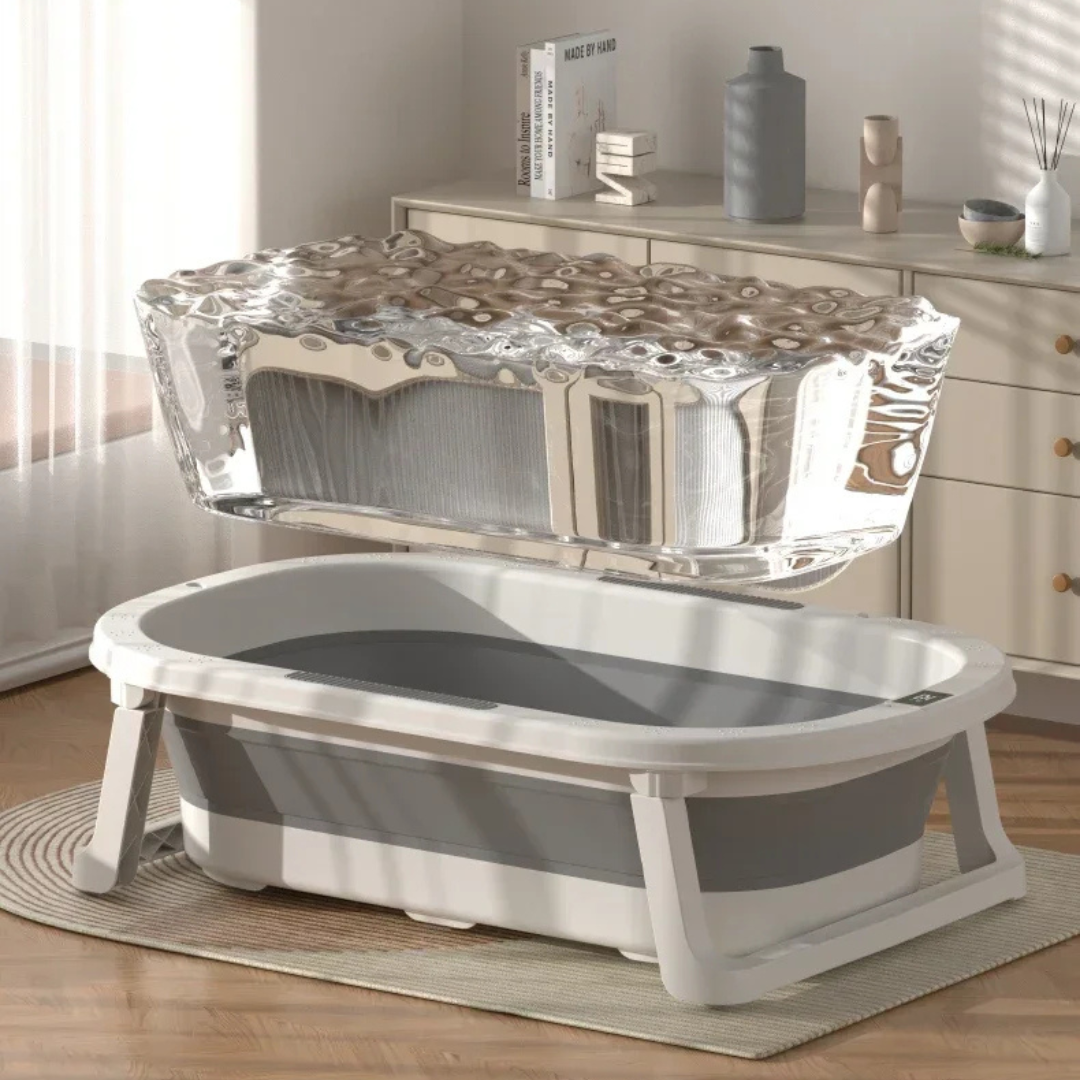 Foldable bathtub with a cover in a room setting
