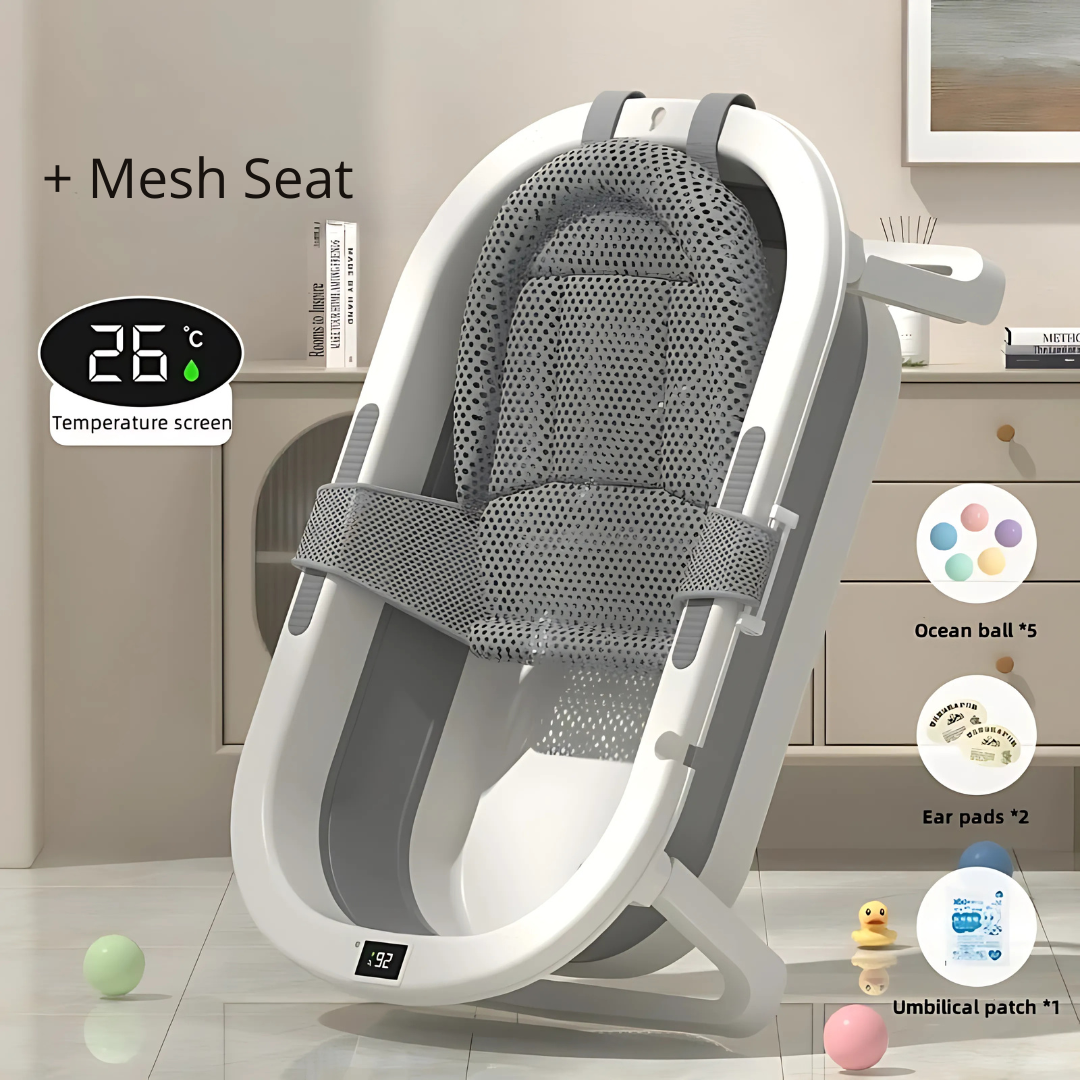 Baby swing with mesh seat and temperature screen in a room setting