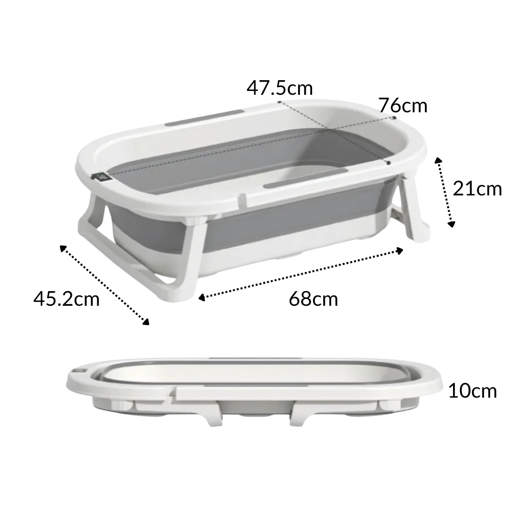 Foldable baby bathtub with dimensions labeled on a white background