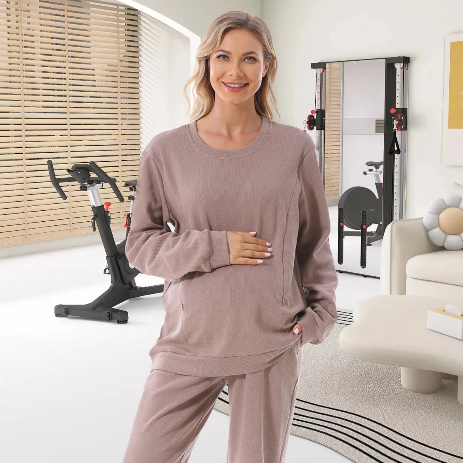 Waffle Textured Maternity Hoodie - White Colour, Brown Colour