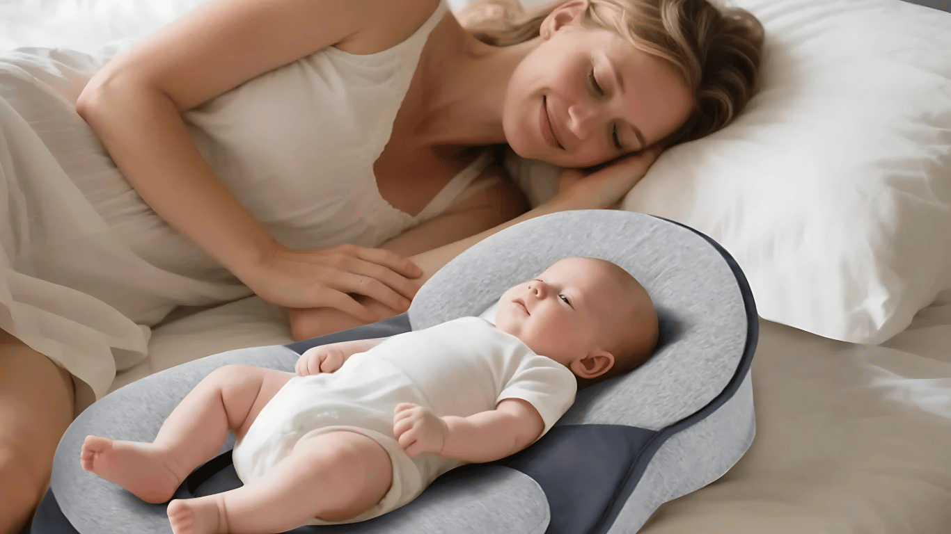 Woman lying on a bed with a baby on a gray and blue pillow