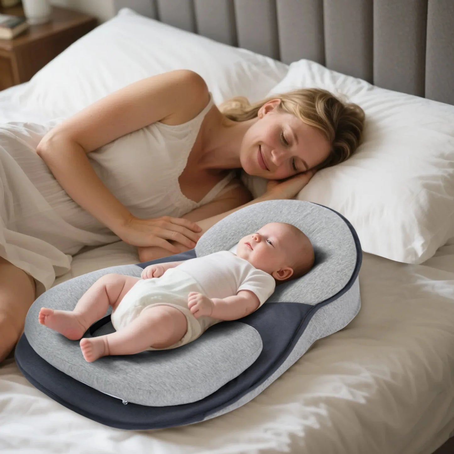 Woman lying on a bed with a baby on a soft, elevated surface