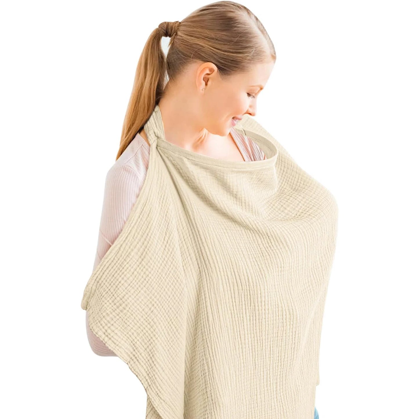 Woman wearing a beige baby carrier on a white background