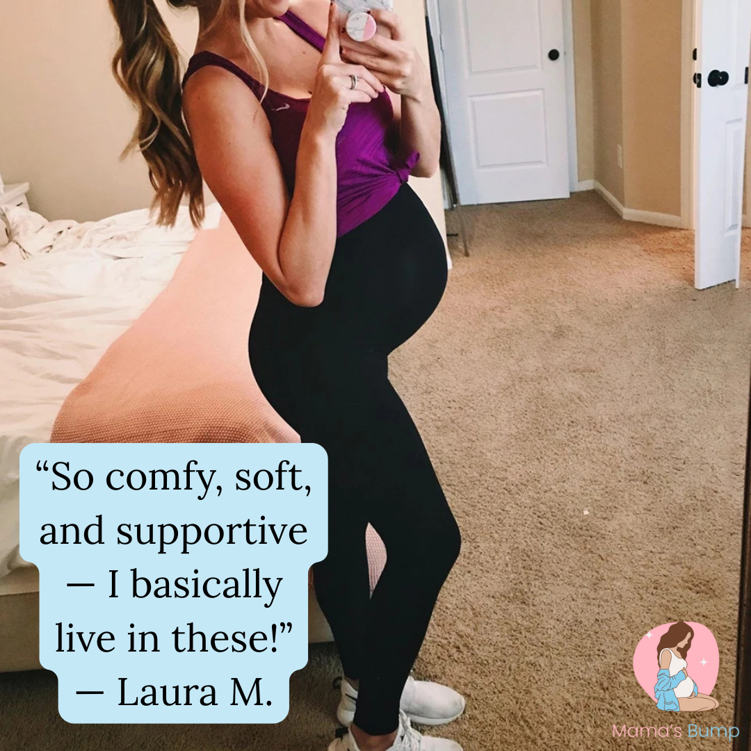 Pregnant woman in leggings at home posing in front of the mirror for a customer review