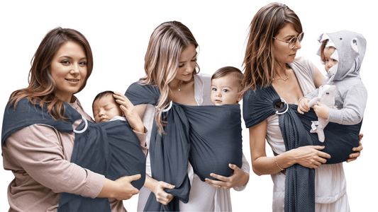A picture of 3 women using a lightweight mesh baby wrap carrier
