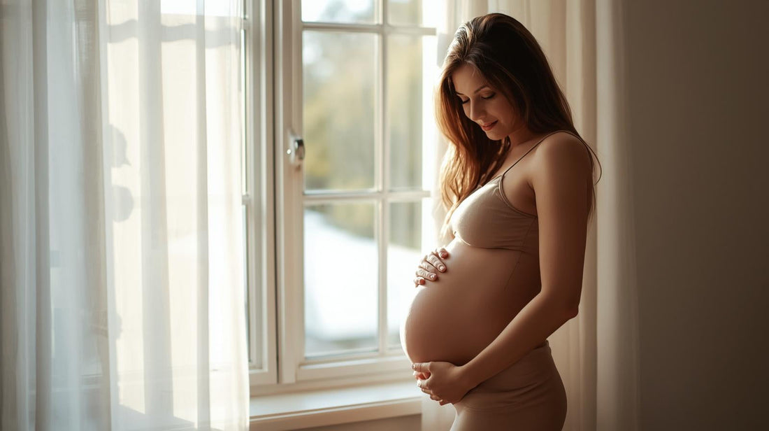 Pregnant woman wearing maternity support belt for back support