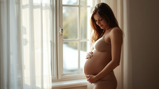 Pregnant woman wearing maternity support belt for back support