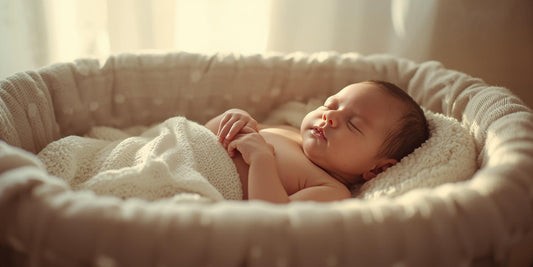 baby sleeping peacefully in a bassinet with soft lighting