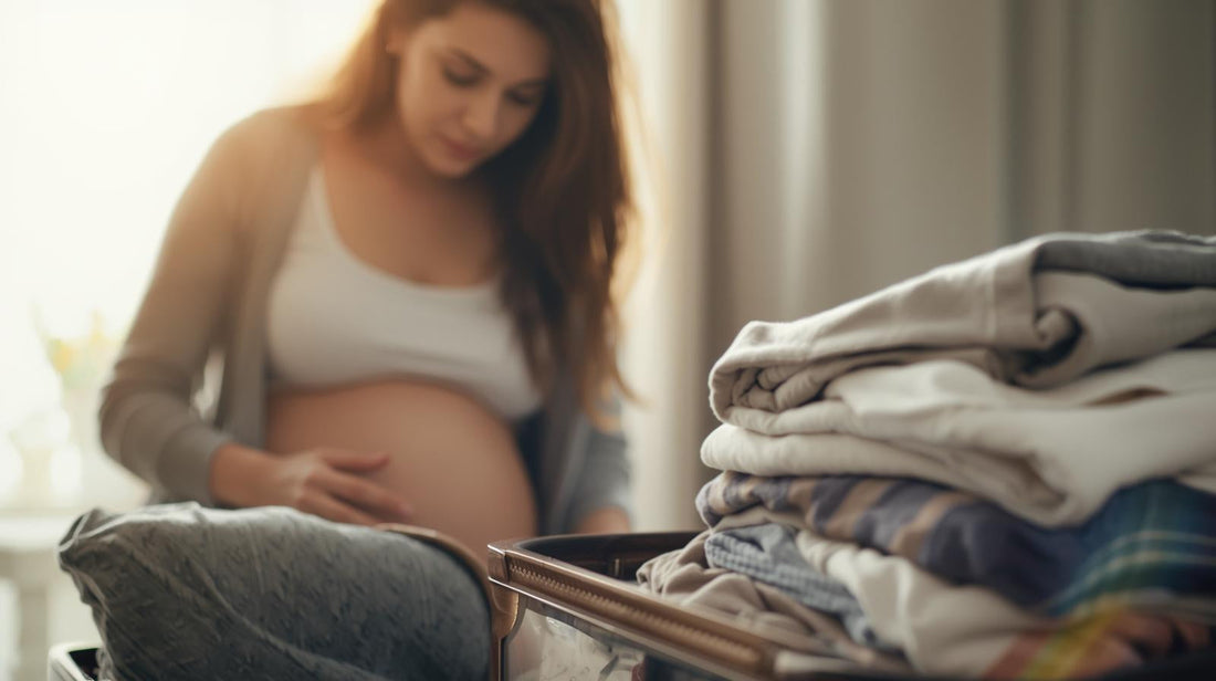 pregnant woman packing hospital bag with baby clothes