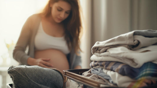 pregnant woman packing hospital bag with baby clothes
