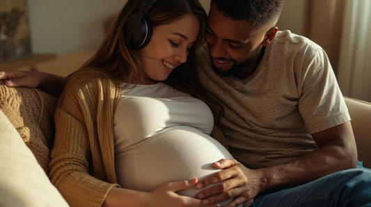 pregnant woman with partner listening to baby bump with headphones