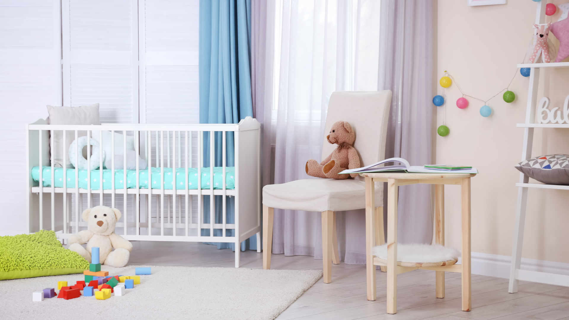 A cozy nursery setup with a crib full of baby toys