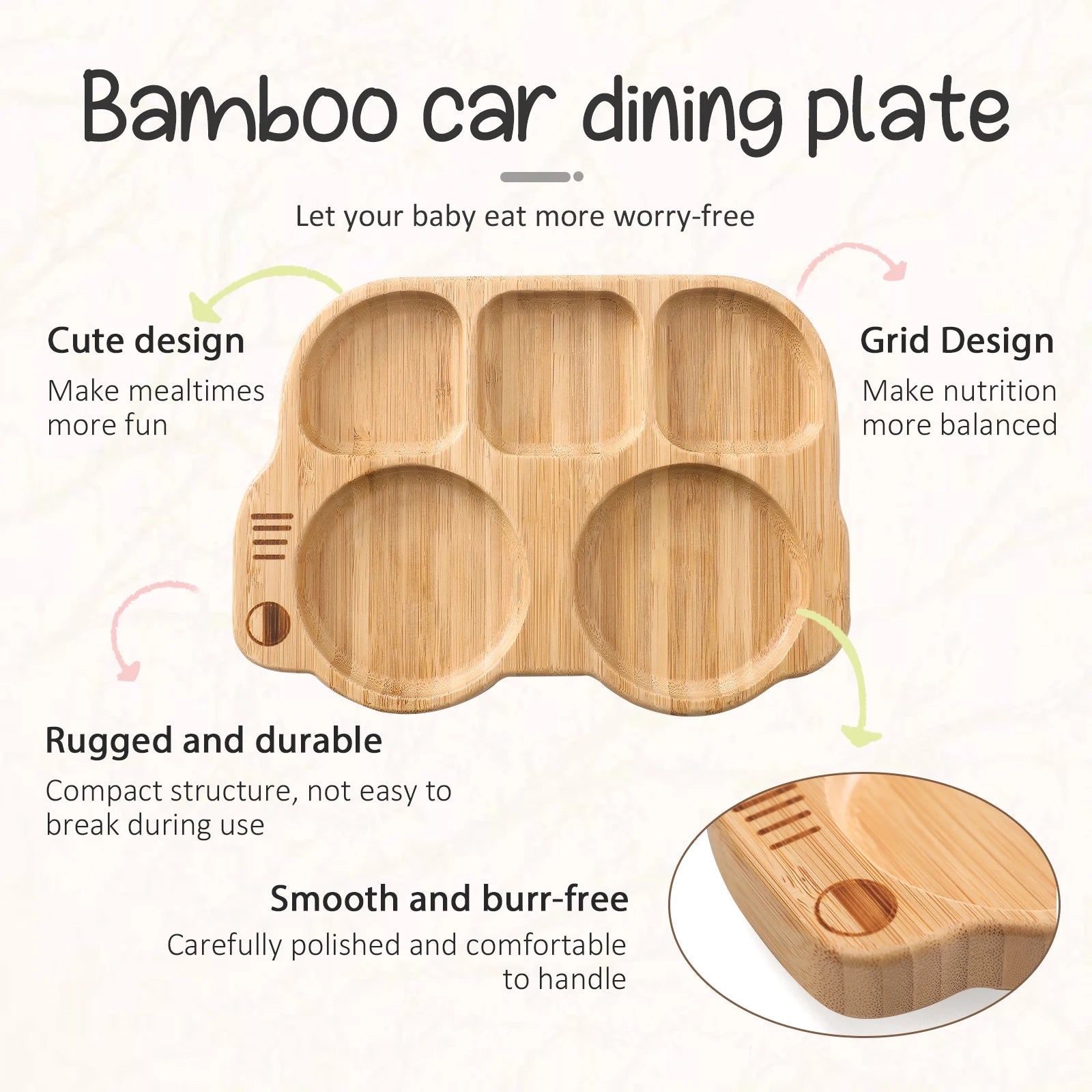 Bamboo car dining plate with features highlighted on a white background