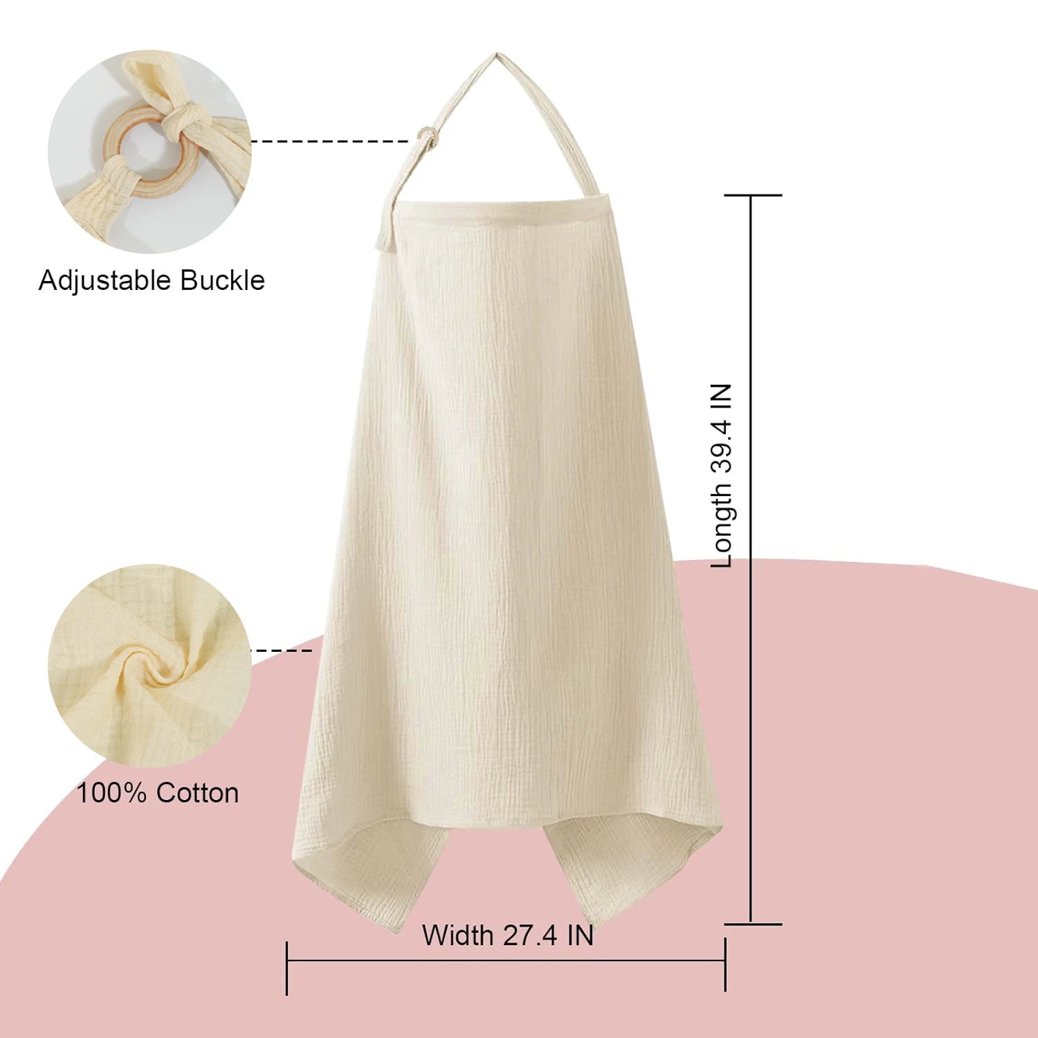 Beige apron with measurements and material details on a pink background