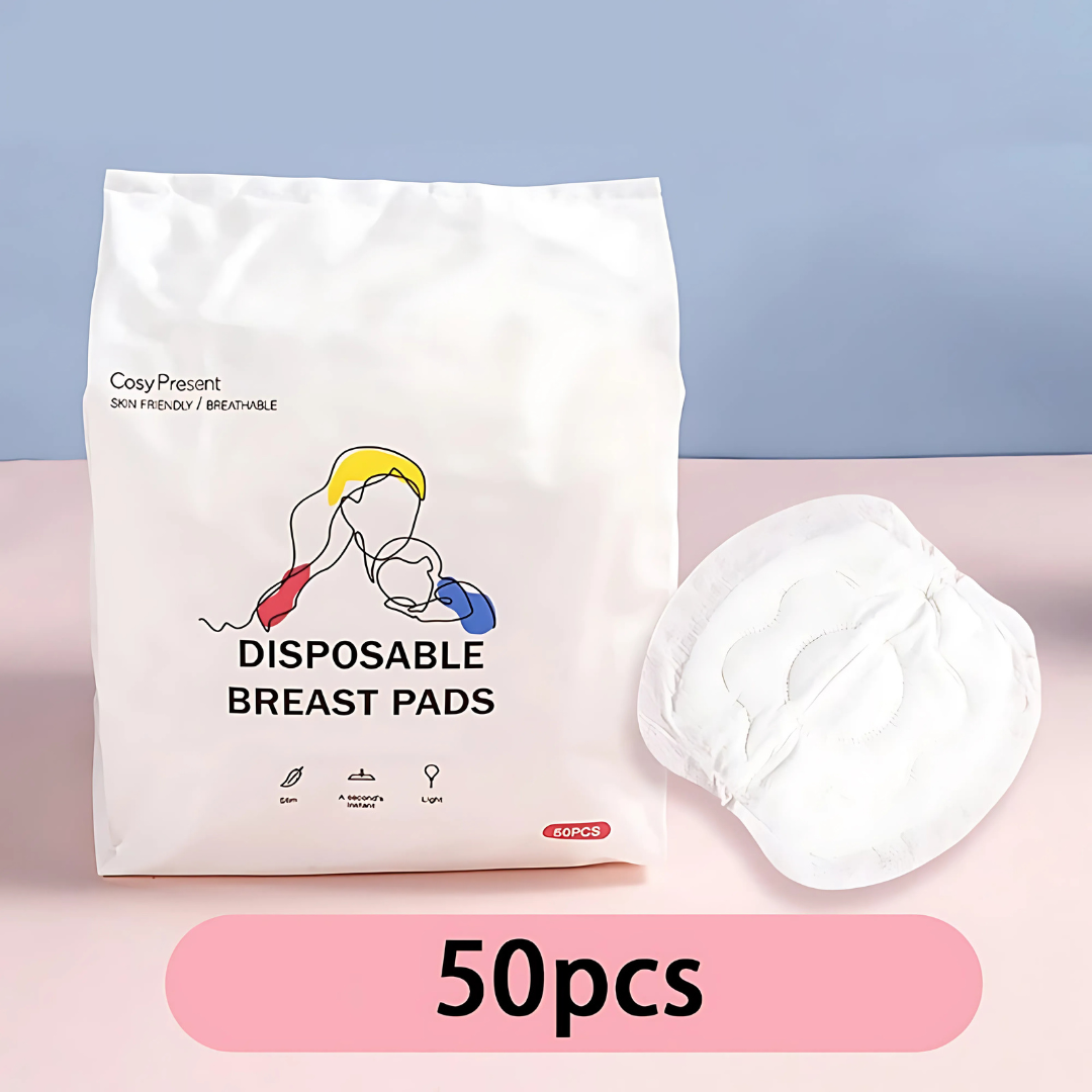 Bag of disposable breast pads with a single pad on a pink and blue background