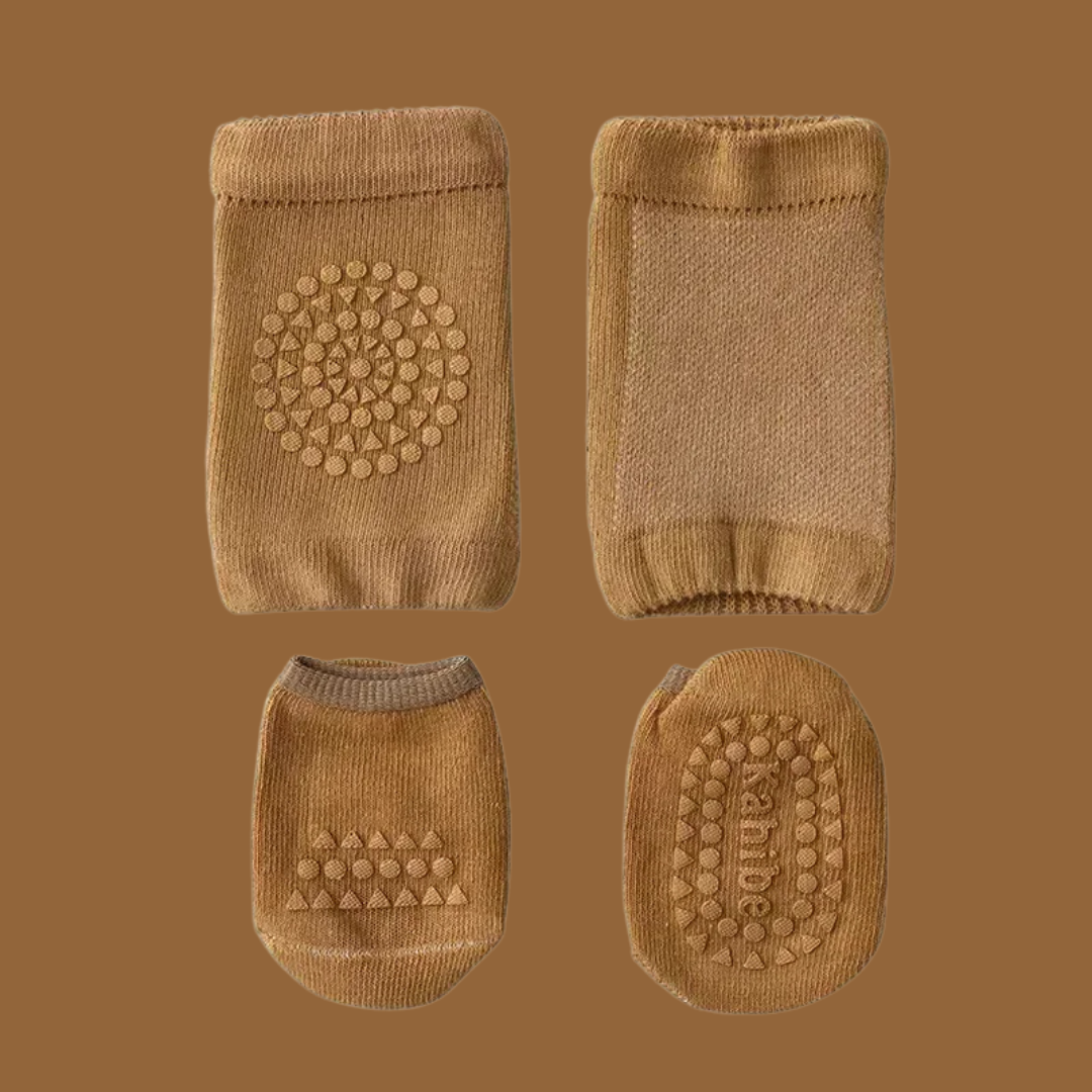 Four brown knee pads with textured patterns on a brown background