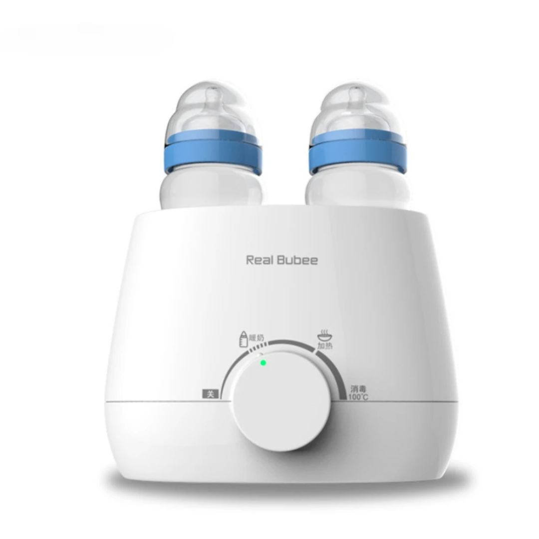 White baby bottle warmer with blue accents on a white background