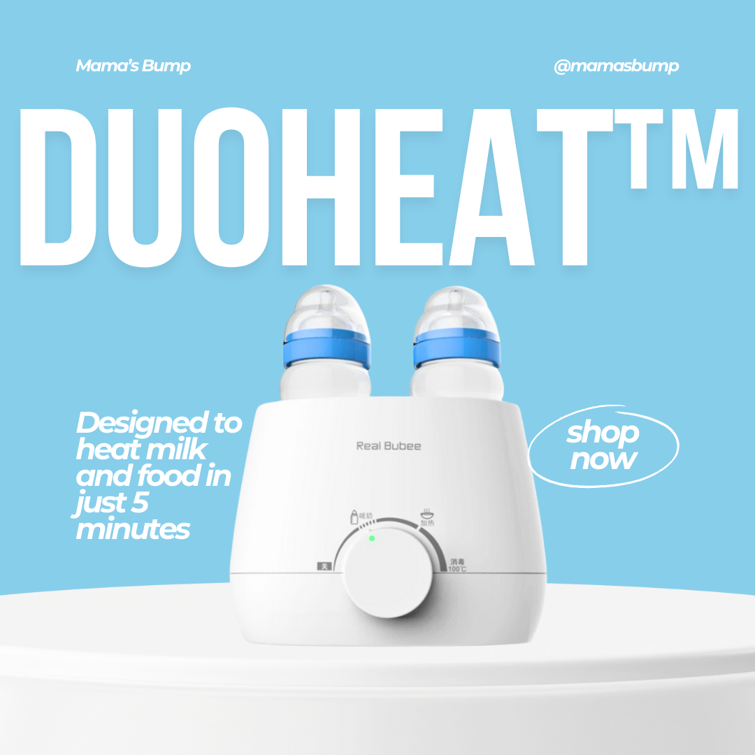 Mama's Bump DuoHeatTM product on a light blue background with promotional text.