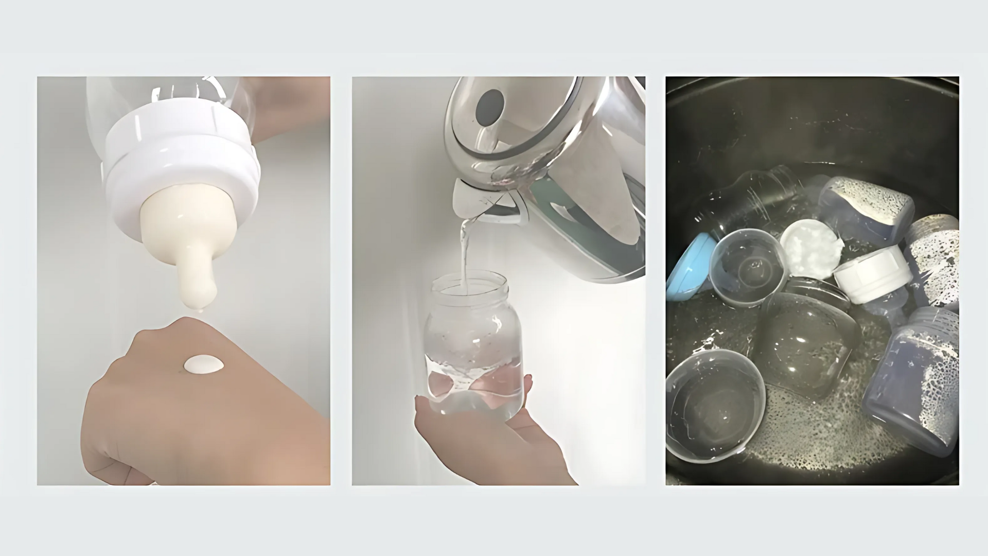 Three-step process of using a cleaning solution on a bottle, pouring it into a jar, and cleaning metal objects.