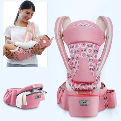 Ergonomic Baby Carrier with Waist Stool - Pink Patterns