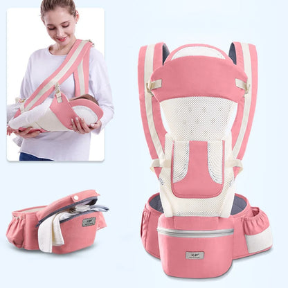 Ergonomic Baby Carrier with Waist Stool - Pink and White