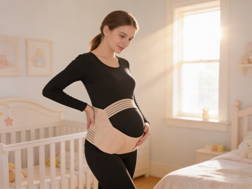 Pregnant woman wearing a belly band in a nursery