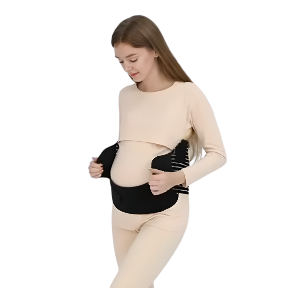 Woman wearing a black maternity support belt on a white background step two
