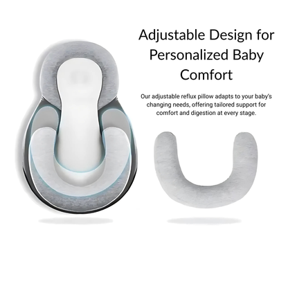 Adjustable reflux pillow with text highlighting personalized baby comfort