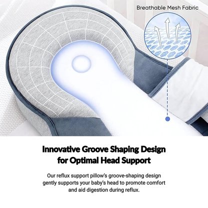 Baby reflux support pillow with breathable mesh fabric and groove shaping design on a white background.