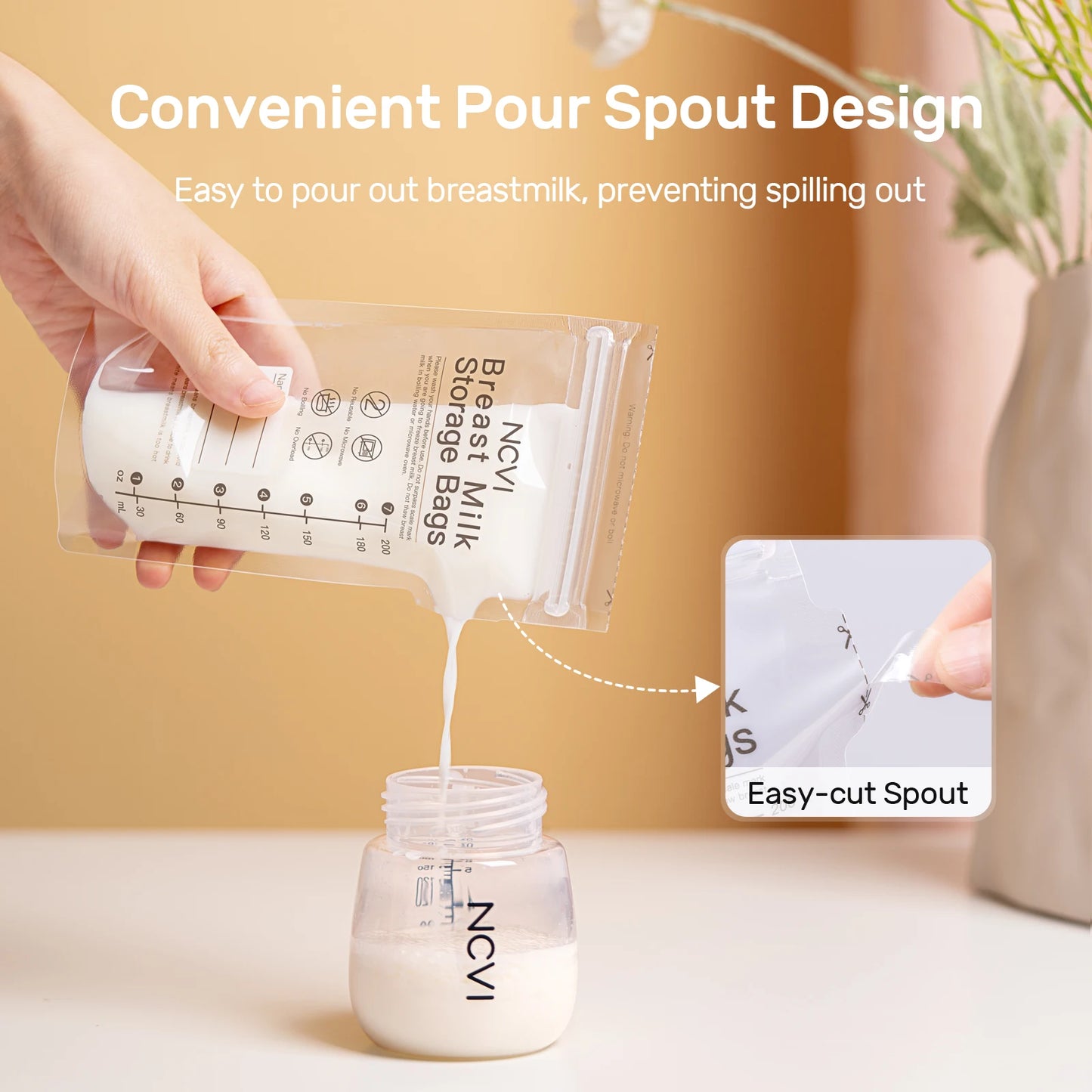 Image of a mom pouring milk from the bag into a bottle using the pour spout.