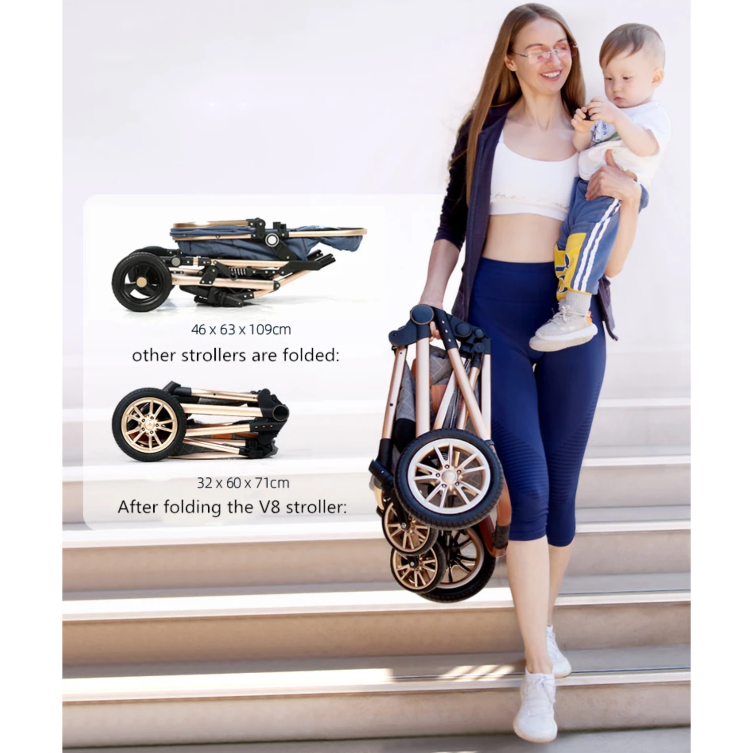 Luxury 3-in-1 Baby Stroller - Woman carrying the Stroller in One Arm