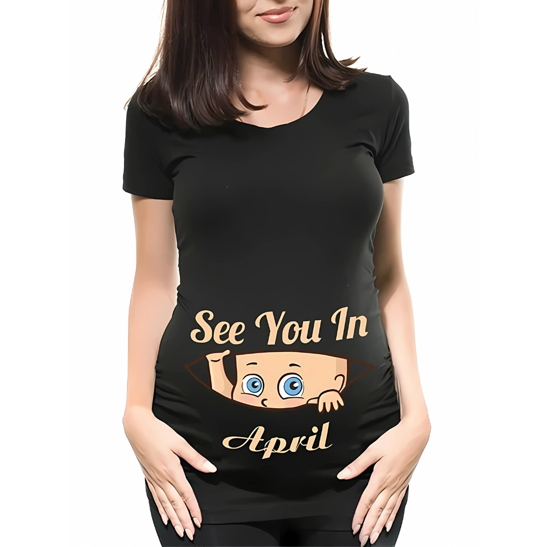 Mamas Bump _ Funny Pregnancy Announcement T-Shirt _ See You In April - Black Colour