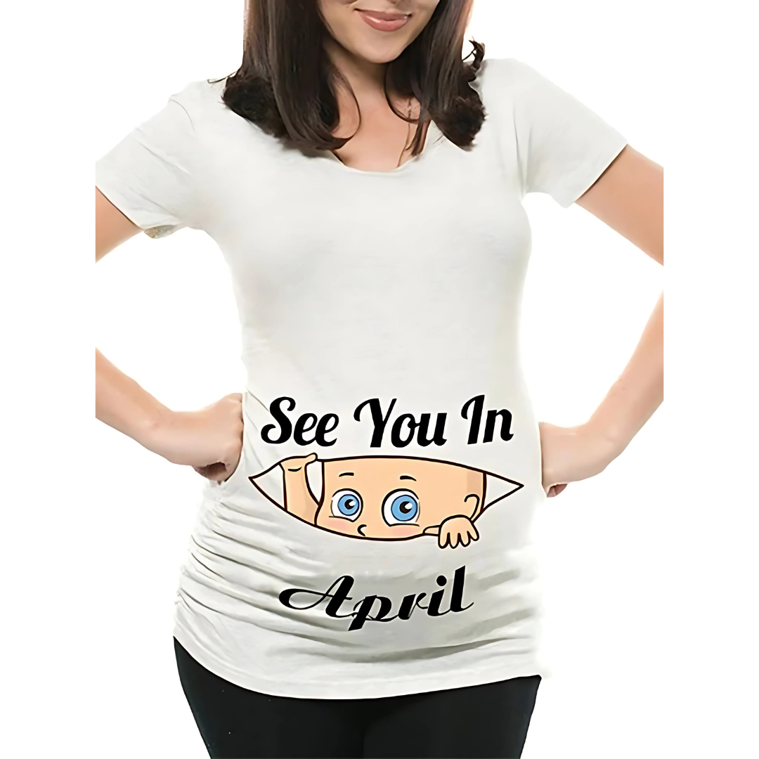 Mamas Bump _ Funny Pregnancy Announcement T-Shirt _ See You In April - White Colour