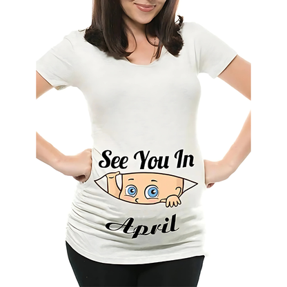 Mamas Bump _ Funny Pregnancy Announcement T-Shirt _ See You In April - White Colour