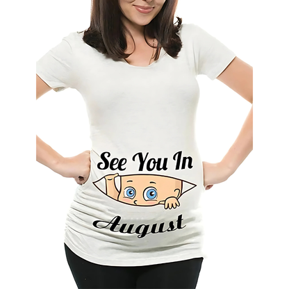 Mamas Bump _ Funny Pregnancy Announcement T-Shirt _ See You In August - White Colour