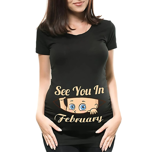 Mamas Bump _ Funny Pregnancy Announcement T-Shirt _ See You In February - Black Colour